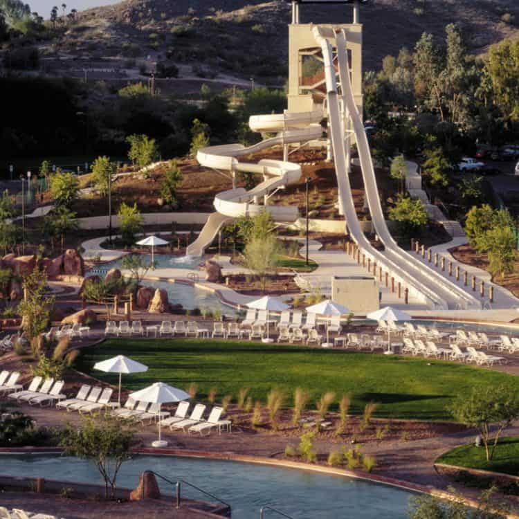 View of the Oasis Water Park, including water slides