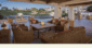Cozy outdoor firepit seating overlooking the golf course and lake at Arizona Grand Resort at dusk.